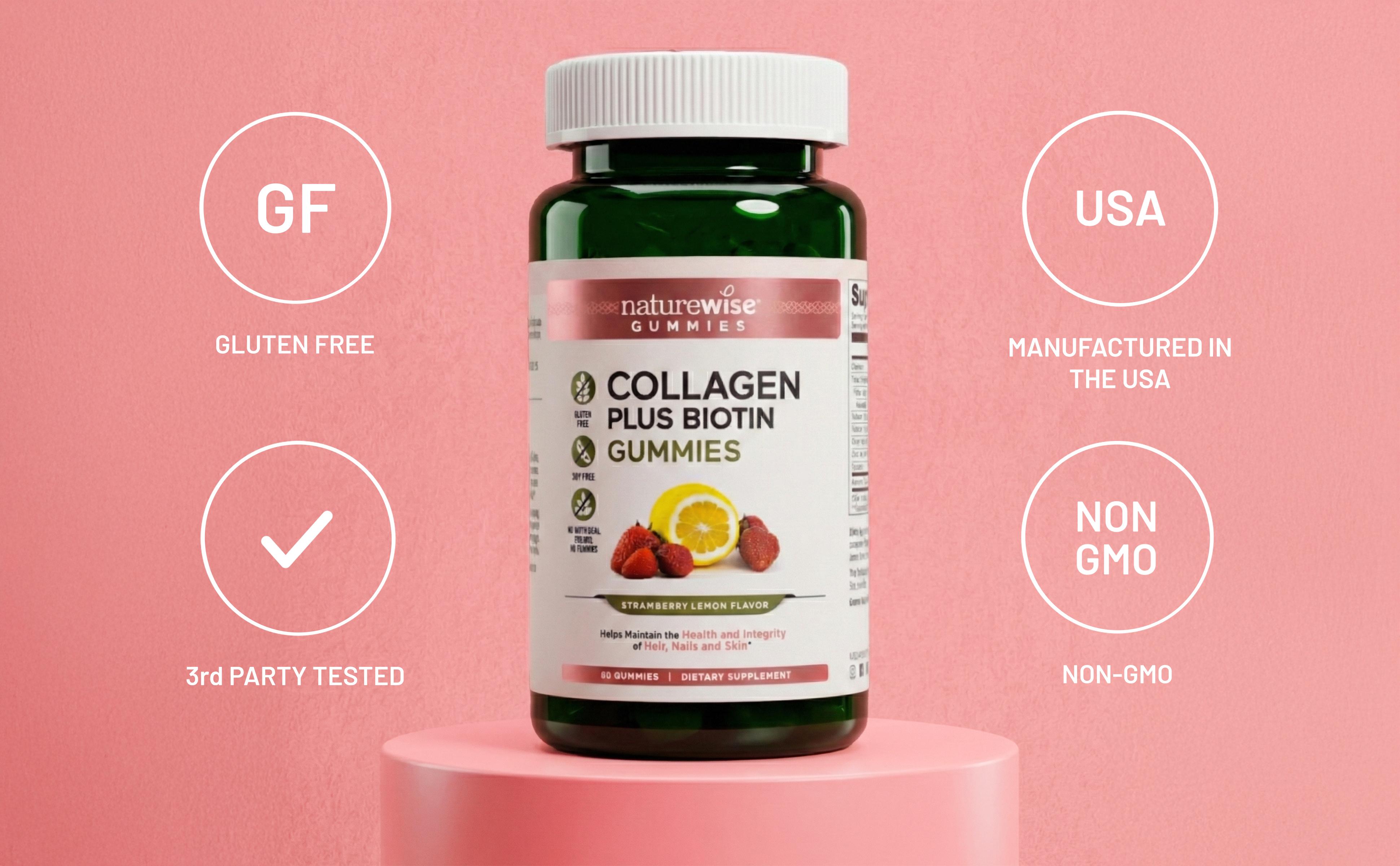 NatureWise Collagen Gummies - Clean, Gluten Free, Non-GMO Collagen Gummies in Strawberry Lemon Flavor for Hair, Skin & Nails - USA Manufactured