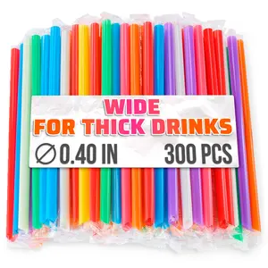 300 Pcs Boba Straws Individually Wrapped - 9.25"x0.4" Thick Jumbo Straws for Smoothies with Angled Tips, Assorted Colors & Cut-To-Size Use - Disposable Boba Straw for Slushies, Milkshakes & Bubble Tea