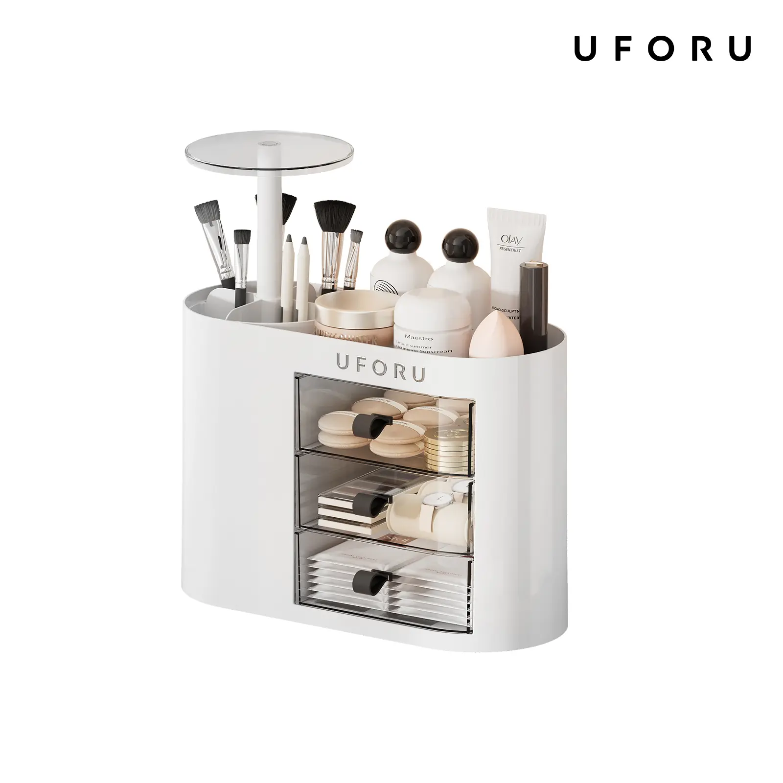 UFORU Classic Makeup Organizer Storage - 4-Slot Brush Holder with 1-Touch Open, Airtight Drawer-Fit Vanity Organizer, Bathroom Accessories Storage for Lipstick, Skincare, Jewelry