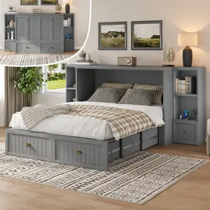 [Ships in 2 Boxes] AMERLIFE Murphy Bed with Bedside Tables, Foldable Cabinet with 3 Storage Drawers & Charging Station, Farmhouse Hideaway Bed for Bedroom/Office/Guest Room