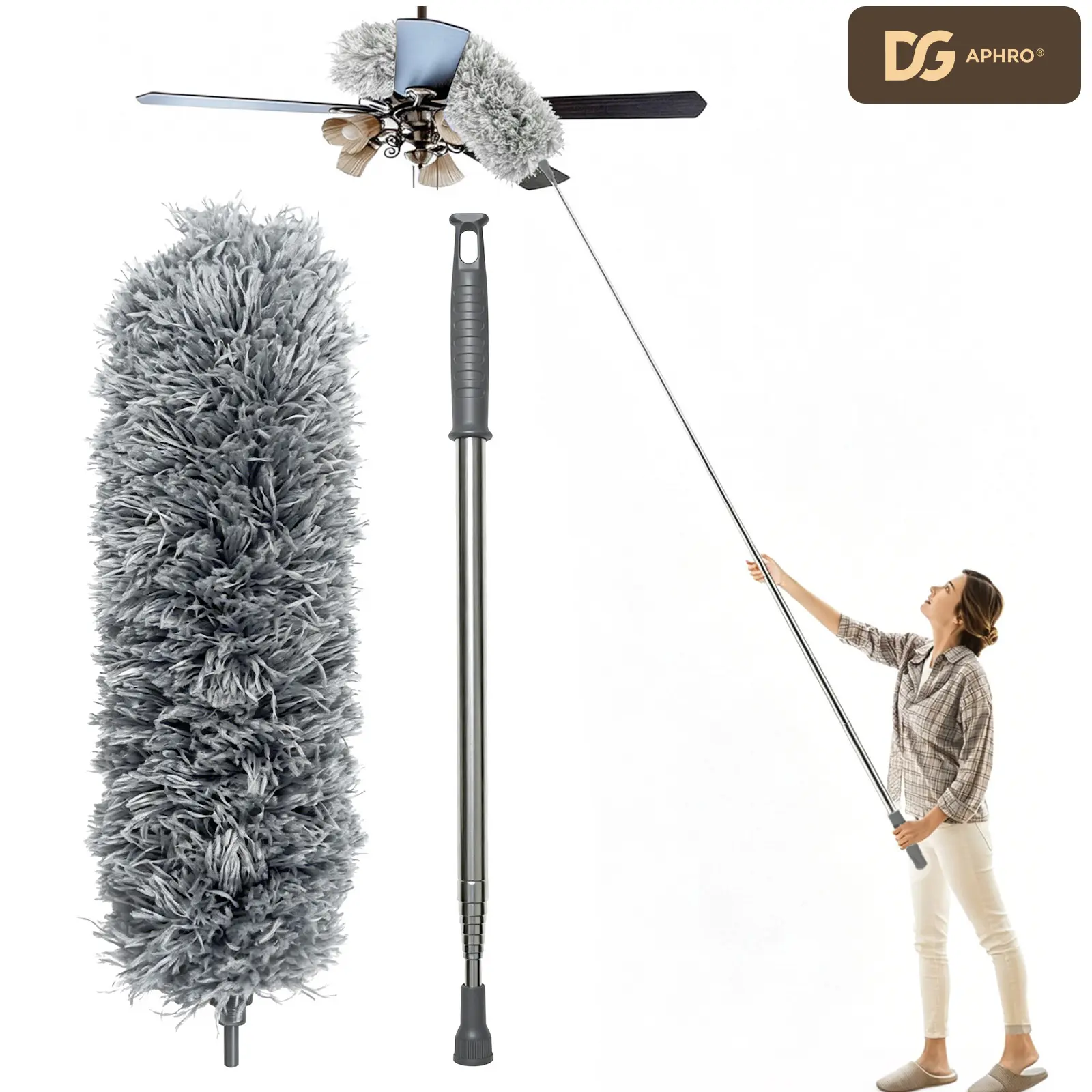 DGAPHRO Microfiber Duster with 100" Adjustable Stainless Steel Extension Pole, Washable Electrostatic Head for High Ceilings,Fan,Car, Bulb,Blinds,Indoor Household Care.