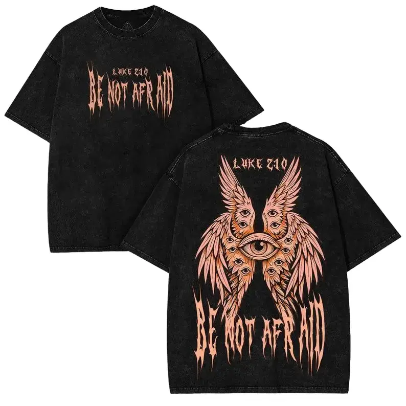 Men's Washed Distressed Gothic Shirt with Angel Faithcore Graphic Print, Shortsleeve Round Neck, Father's Day Gift Idea, Streetwear, Tshirt, Top, Vintage