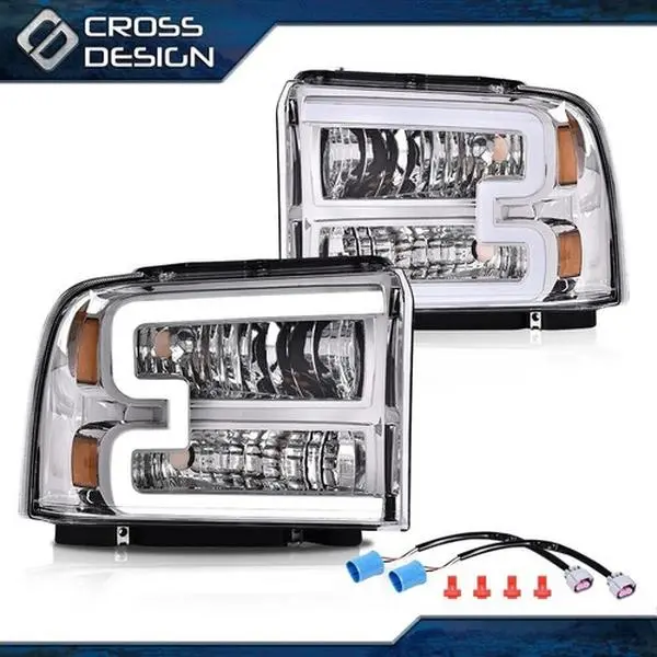 CROSSDESIGN LED DRL Car Headlights with Harness, Compatible with 05-07 Ford F250 F350 F450 F550 Super Duty, Headlight Replacement, Truck Headlight