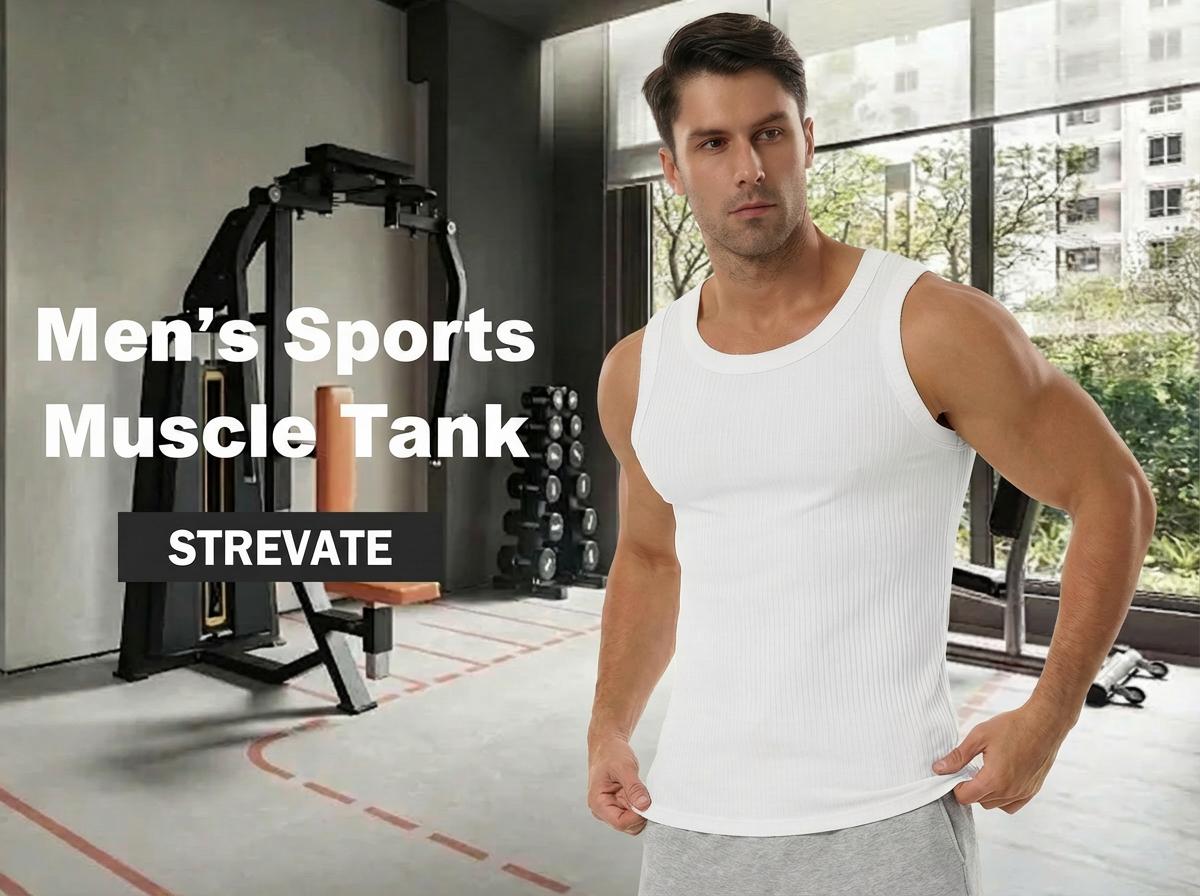STREVATE Men’s Wide Strap Ribbed Tank Top, High Stretch Breathable Muscle Tank, Heavyweight Drapey Fit Gym & Casual Sleeveless Shirt