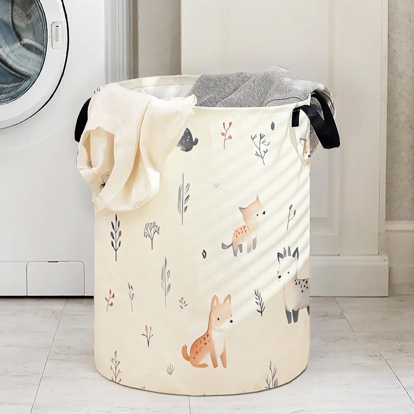 Cartoon Plant Animal Print Laundry Basket with Handle, Cute Laundry Basket, Laundry Hamper, Durable Foldable Clothes Storage Bin, Large Capacity Toy Organizer, Collapsible Clothes Hamper