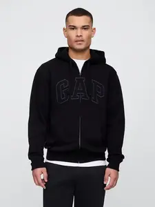 Men Relaxed Gap Logo Zip Hoodie, True Black