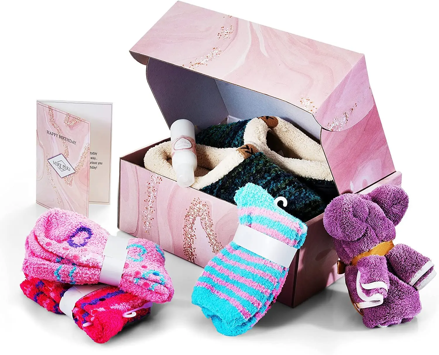VERY PERI Birthday Gift Box – Birthday Gift Box for Women – Curated Gift Box for Her Gift Box Assortment with Slippers Socks Body Lotion Towel & Message Gift Card– Perfect Return Gift Present