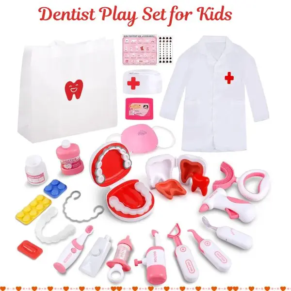 Unisex 26-Piece BPA-Free Latex-Free Safe Plastic Dentist Play Set, Toddler STEM Educational Dental Toy Kit with Teeth Cleaning Tools (8x6x4.7in), Fun Gift for 12 Months+ & 3+ Kids That Encourages Creativity, Gift for Any Occasion