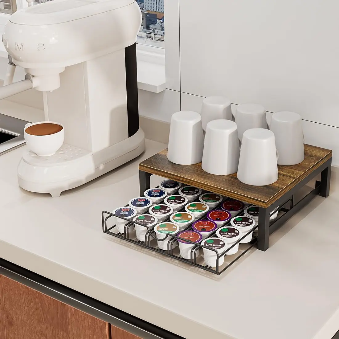 Single-Tier Black Coffee Pod Organizer Drawer - Under Coffee Machine Storage for K-Cup Capsules