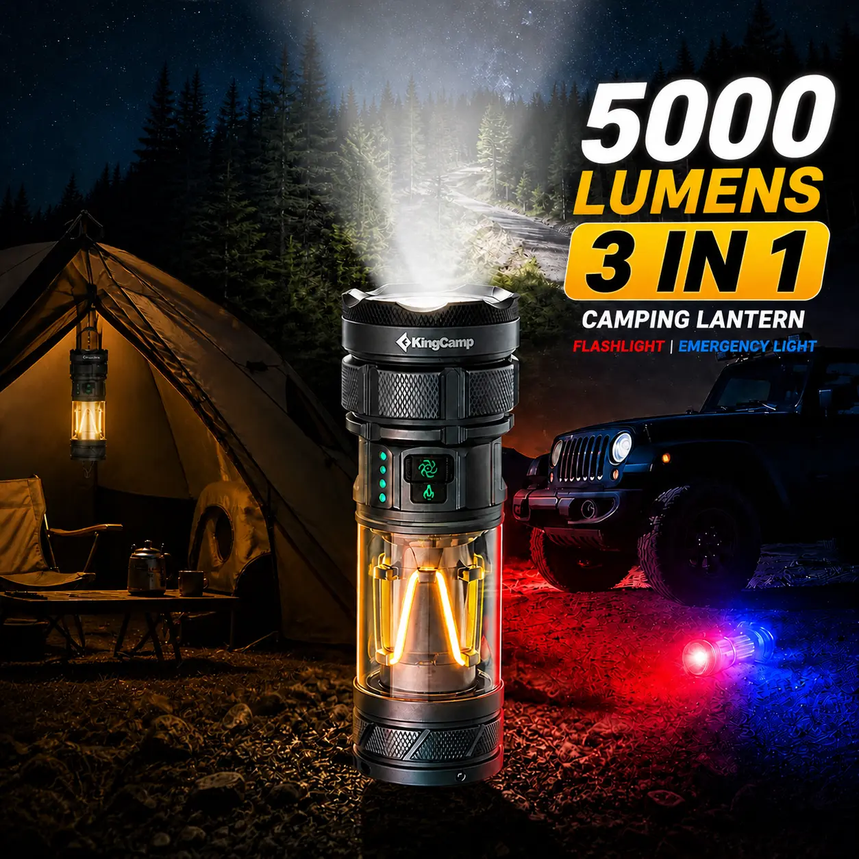 KingCamp 3-in-1 Camping Flashlight & Lantern, 5500LM Rechargeable Tactical Flashlight, Waterproof Outdoor Light with Tripod Stand, Emergency Gear for Camping Hiking Back To School