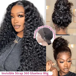 360 Full Lace Front Wigs Deep Wave Human Hair Invisible Strap Pre Plucked Bleached 180 Density Pre Cut Lace Deep Wave HD Lace Frontal Wig with Drawstring Natural Hairline Glueless Wigs