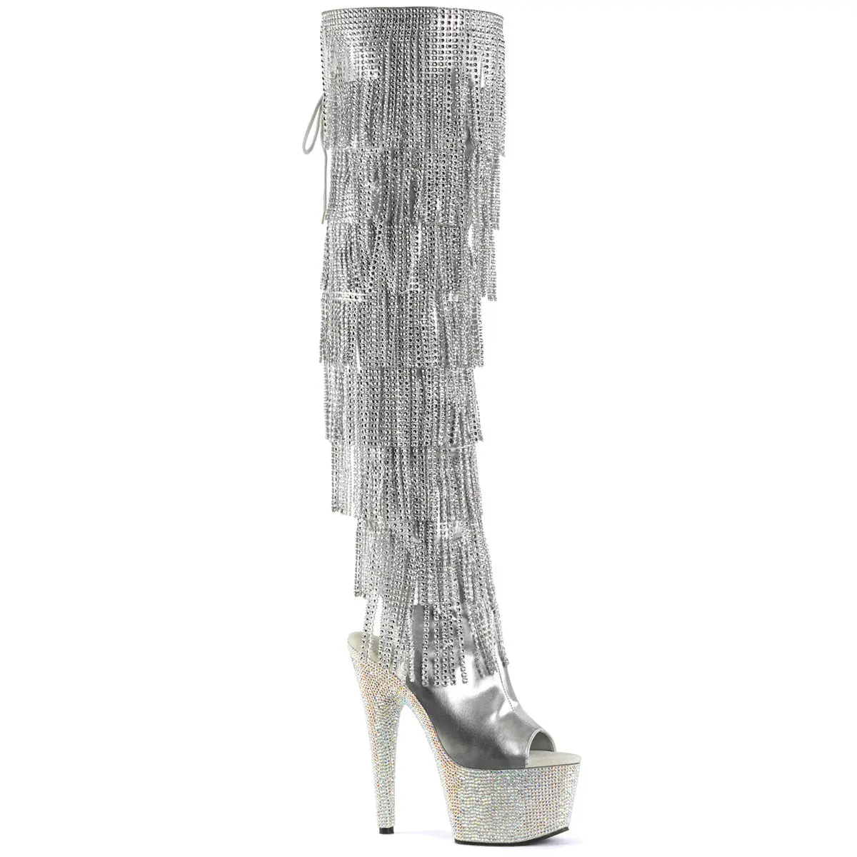 Women's Bejeweled Rhinestone Fringe Thigh-High Boots - Open Toe, 7" Heel, Platform, Lace-Up Back, Zip Closure, Chrome Plated, Party Footwear, Fashion Shoes, Laces