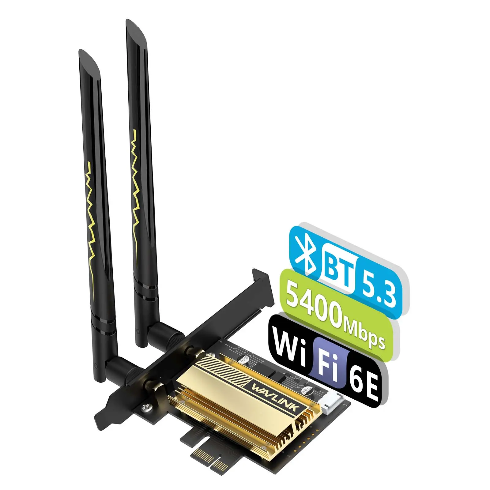WAVLINK PCI-E WiFi 6E (802.11ax) Network Card with AX210 Chip, Wireless Multiplatform Adapter for PCI-E Slot, Dual 5dBi Antennas, Tri-Band AX5400, Bluetooth 5.3, MU-MIMO, WPA3, OFDMA, Low-Profile Bracket, Heat Sink for Gaming/VR (Windows 10/11, Linux)