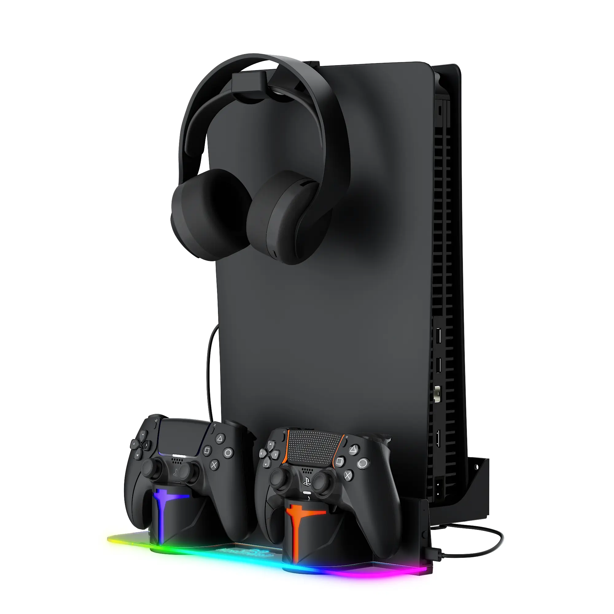 Hosanwell PS5 Wall Mount Kit with Charging Station,Compatible with PlayStation 5 and PS5 Slim and Pro,2 Hours Fast Charging,Dual Use Charging Station with Multi-Mode RGB Light,Black Console Digital Games PS4 s，ps5 cooling stand,dualsense edge ps5