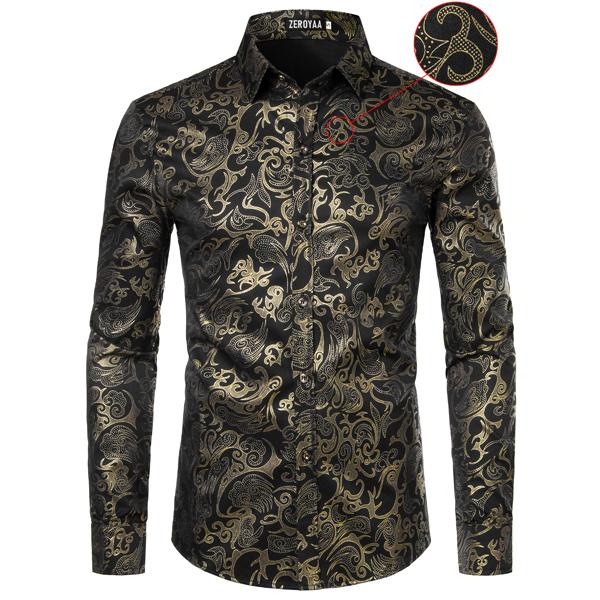 ZEROYAA Men's Luxury Gold Prom Design Slim Fit Long Sleeve Button up Party Dress Shirts