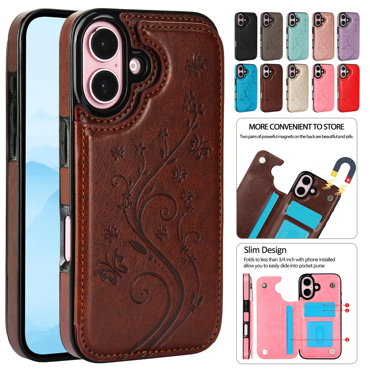 HISTORYOO Card Phone Case For iPhone 17 Pro Max Air 16 15 14 13 12 Pro Max 16 15 14 Plus/Pro 17e 16e Magnetic Clasp PU-Leather Wallet Card Holder Slot Stand Butterfly Flower Pattern Durable Shockproof Rubber Soft TPU Back Cover Autumn Winter Retro Gift