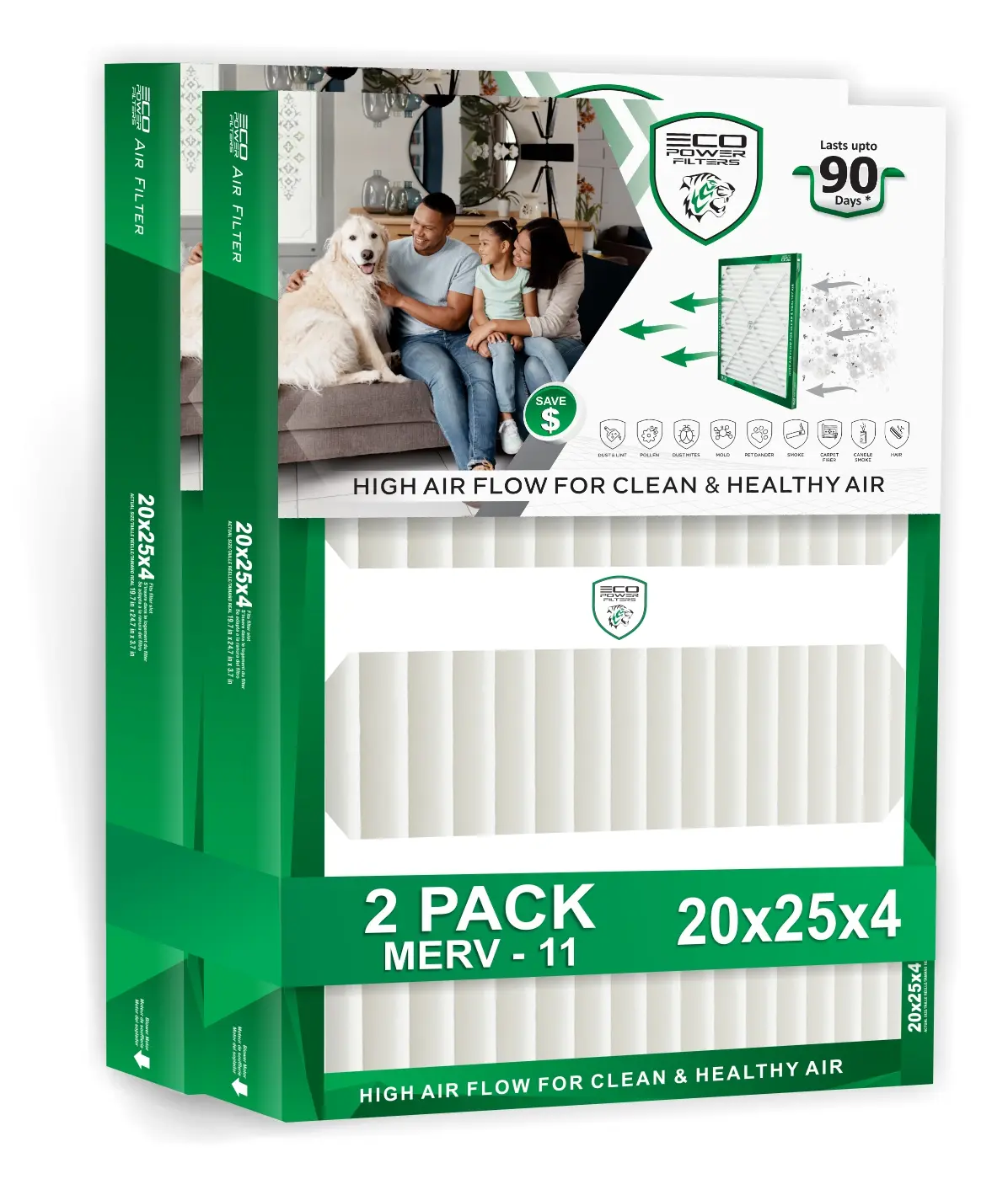 ECO POWER 20x25x4 (2 PACK) MERV 11 Pleated HVAC Air Filter – High Efficiency Furnace & AC Filter for Dust, Pollen & Pet Dander (Actual Size 19.75 x 24.75 x 3.75)