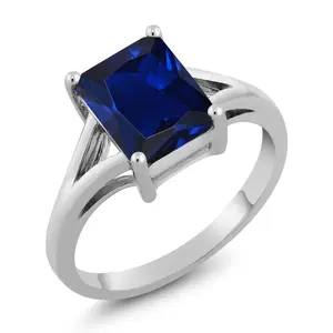 Gem Stone King 2.70 Cttw Blue Created Sapphire Solitaire Engagement Ring For Women | 925 Sterling Silver | Emerald Cut 9X7MM | Gemstone September Birthstone | Available In Size 5, 6, 7, 8, 9