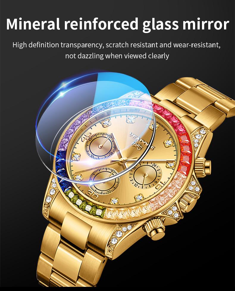 VEADONS Men's Business Fashion Rhinestone Decorated AnalogQuartz Watch Rainbow Crystal Chronograph Quartz Movement Luminous Date WaterResistant for Party Daily Wear Birthday Gift with Box