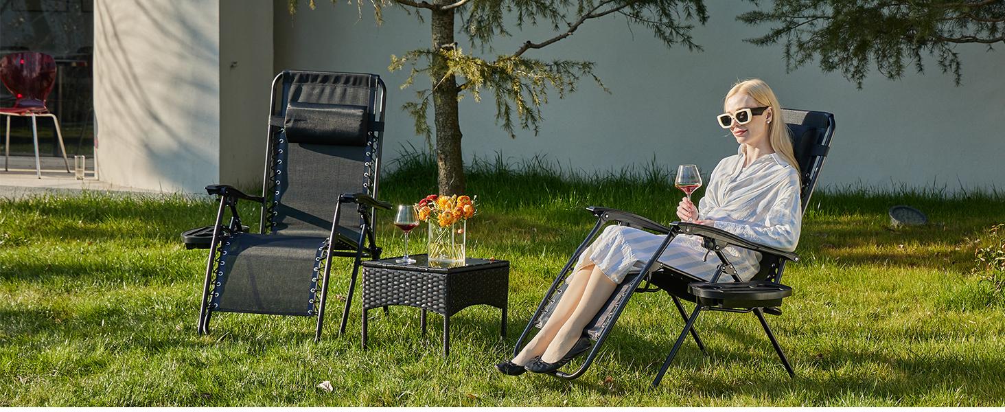 Outdoor Zero Gravity Chairs, Set of 2 Portable Recliner Beach Camping Patio Outdoor Folding Lounge Chair with Cup Holder Trays and Adjustable Pillow