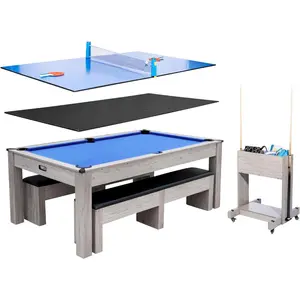Blue,7FT 3-in-1 Pool Table with Dining Top & Table Tennis | Billiard Table Set with Accessories (Balls, Cues, Ping Pong) | HDF Wood Grain Finish | Includes Rolling Storage Caddy