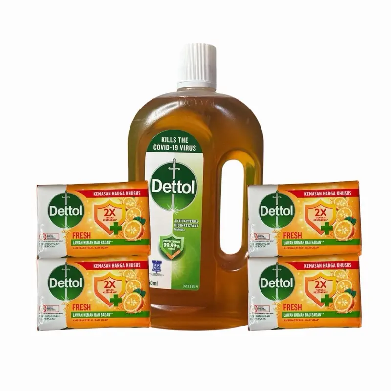 Dettol Original Antibacterial Disinfectant Liquid (750ml) & 4 Pine Fresh Soap Bars Cleansing Set - Gentle Sensitive Skin Cleanser, 24-Month Shelf Life, Daily Feminine Intimate & General Personal Care