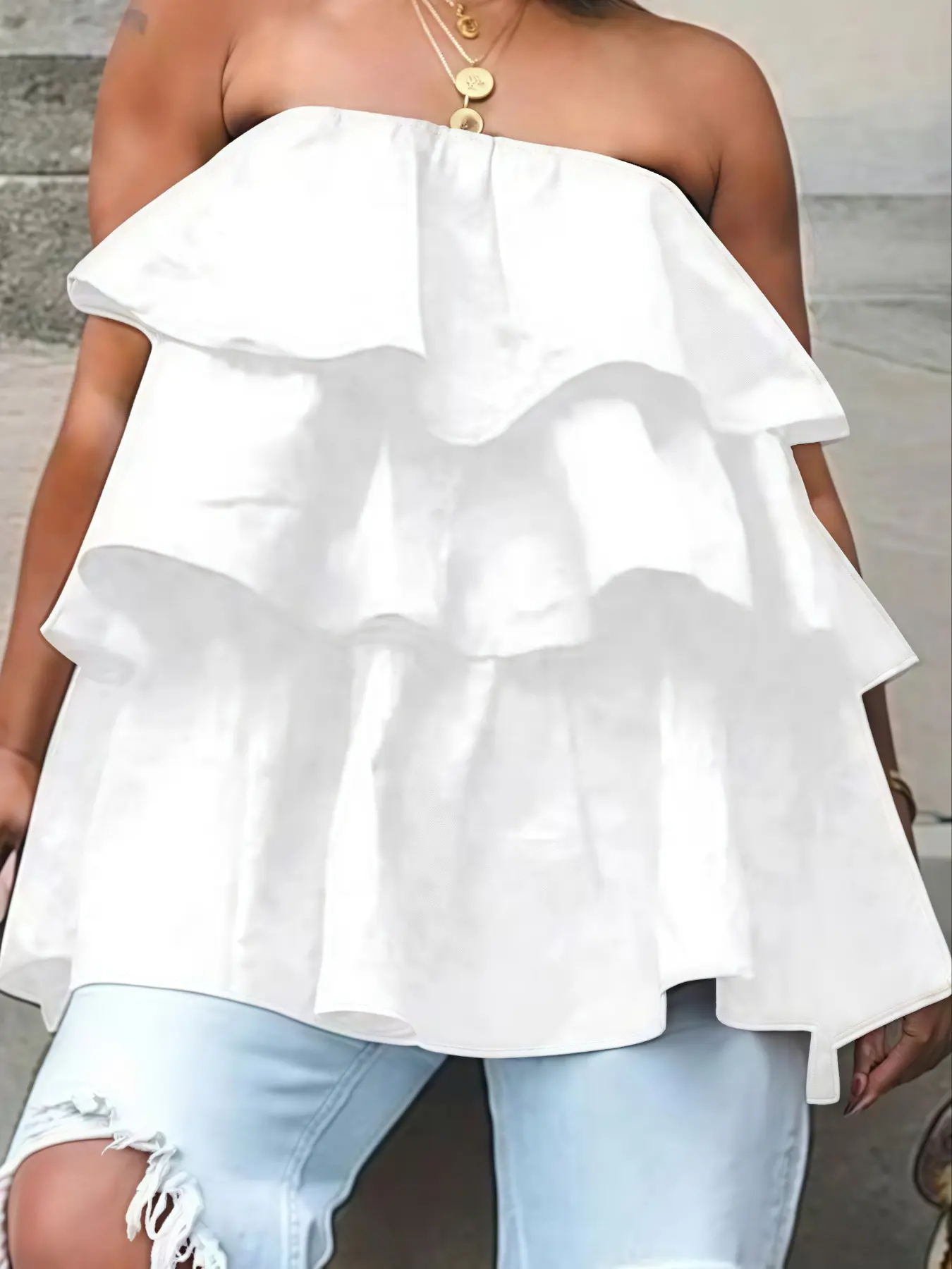 Women's Casual Loose Plain Layered Ruffle Strapless Braless Cami Tank Tube Top, Top for Summer, Ladies Clothes for Daily Wear, Womenswear, Babydoll Tube Top