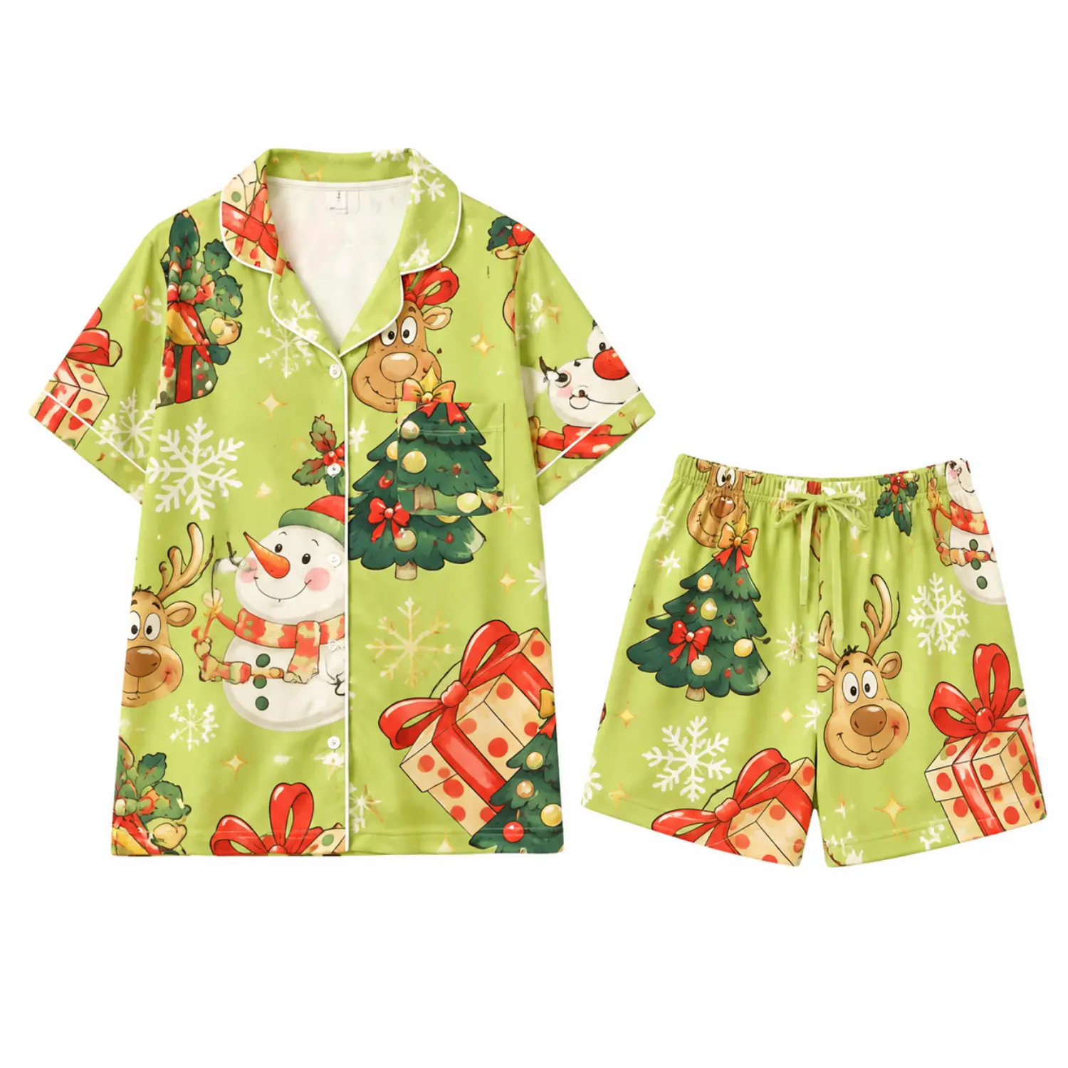 Christmas Cartoon Print Short-Sleeve Pajama Set, Button-Front Sleepwear with Festive Reindeer, Snowman, and Gift Patterns