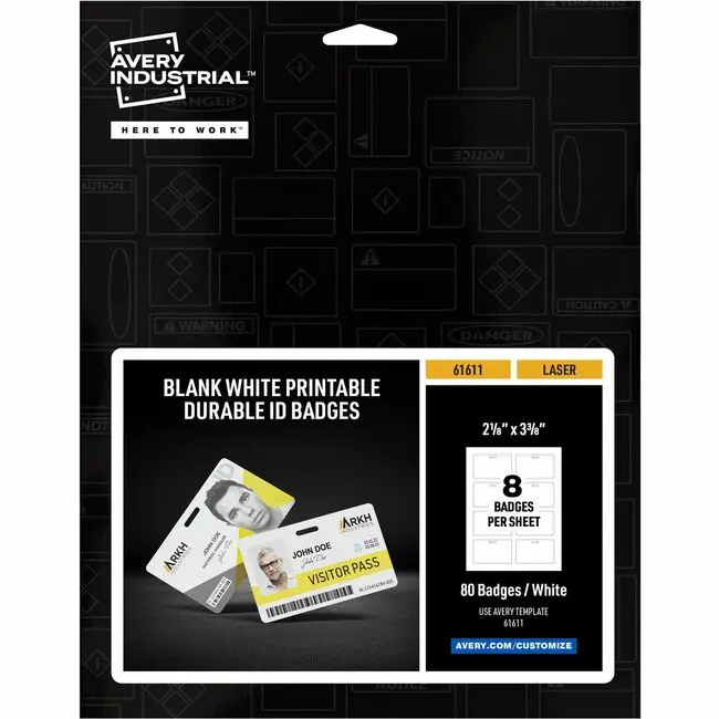 Avery AVE61611 Rectangular Die-Cut Adhesive Badge Sheet Stickers, 3.37x2.12in White ID Decals, Waterproof, Chemical Resistant, Abrasion Resistant, Heavy-Duty for DIY Scrapbooking & Stamping, Industrial Sites