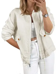Tankaneo Womens Lightweight Bomber Jackets Casual Zip Up Drawstring Cotton Linen Jacket With Pockets