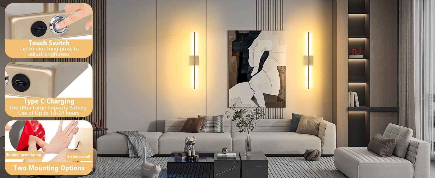 echosari Battery Operated Wall Sconces, Rechargeable Dimmable LED Wall Lights with Remote & Timer, 350° Rotatable Wireless Sconce Lamps for Bedroom, Hallway & Living Room Decor