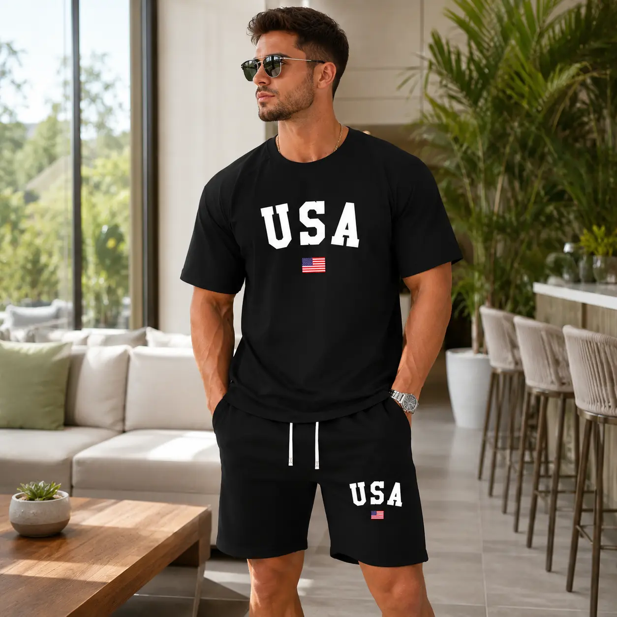Men's 2 Piece Set, Sporty USA Flag Print Crewneck T-Shirt and Drawstring Shorts, Quick-Dry Polyester for Gym and Summer Wear, Men's 2 Piece Sets, 2 Piece Mens