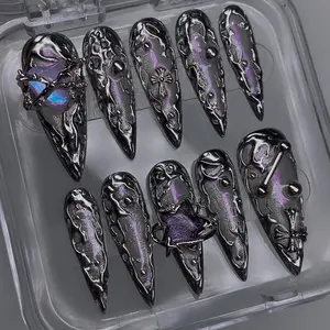 Gothic Metallic Black Long Stiletto Nails, 3D Gothic Style Black and Silver Nail Art, Textured 3D Design Fake Nails