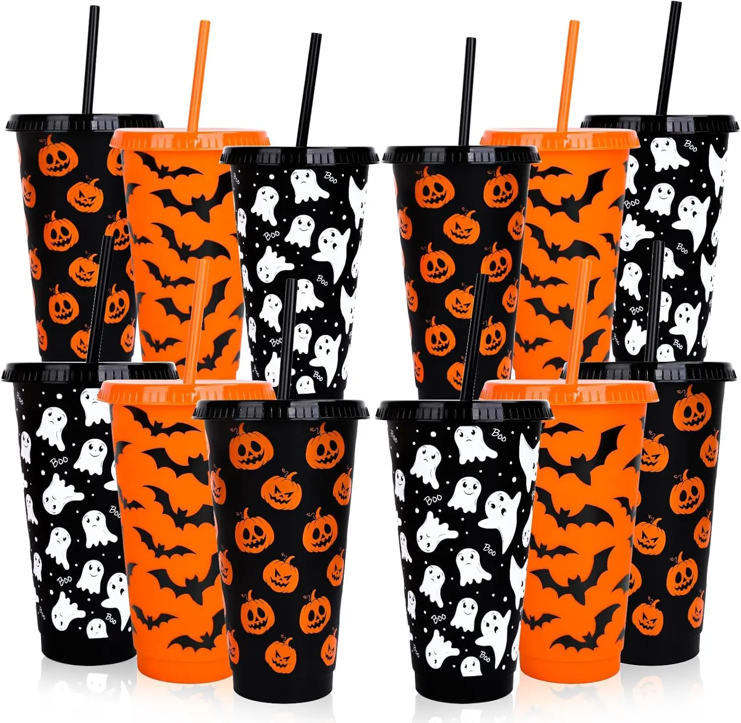 Cozy Fall Halloween Gift 12 Pcs Halloween Plastic Tumbler with Lids Straws Pumpkin Ghost Bats Reusable Cups 24oz Black Orange Travel Mug Cups for Iced Coffee Drinks Holiday Horror Party Supplies