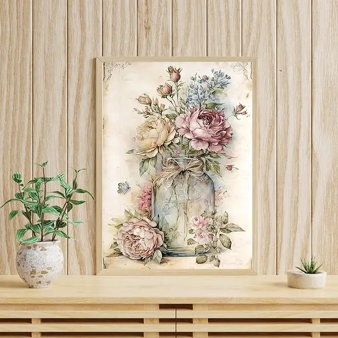 5D Diamond Painting Kit, Vintage Watercolor Peony Bouquet in Glass Jar, DIY Shabby Chic Floral Art Craft for Adults, Cozy Home Wall Decor