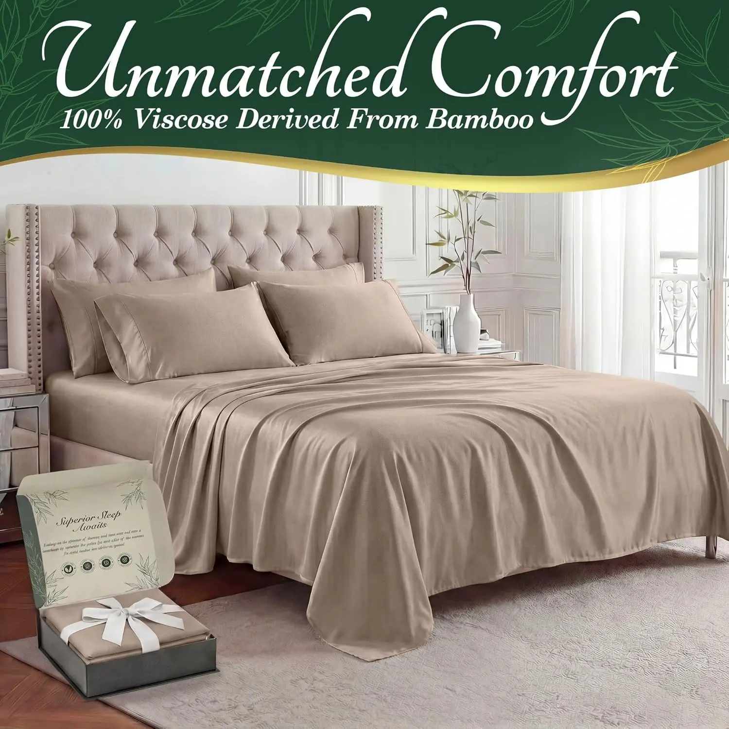 DECOLURE | Bamboo Cooling Sheets 6pc Set – Ultra Soft & Breathable Bed Sheets for Hot Sleepers, Silky Viscose from Bamboo, 17" Deep Pocket Fitted Sheet, Flat Sheet & 4 Pillowcases, Wrinkle-Free Luxury Hotel Bedding, Hypoallergenic, Oeko-Tex Certified