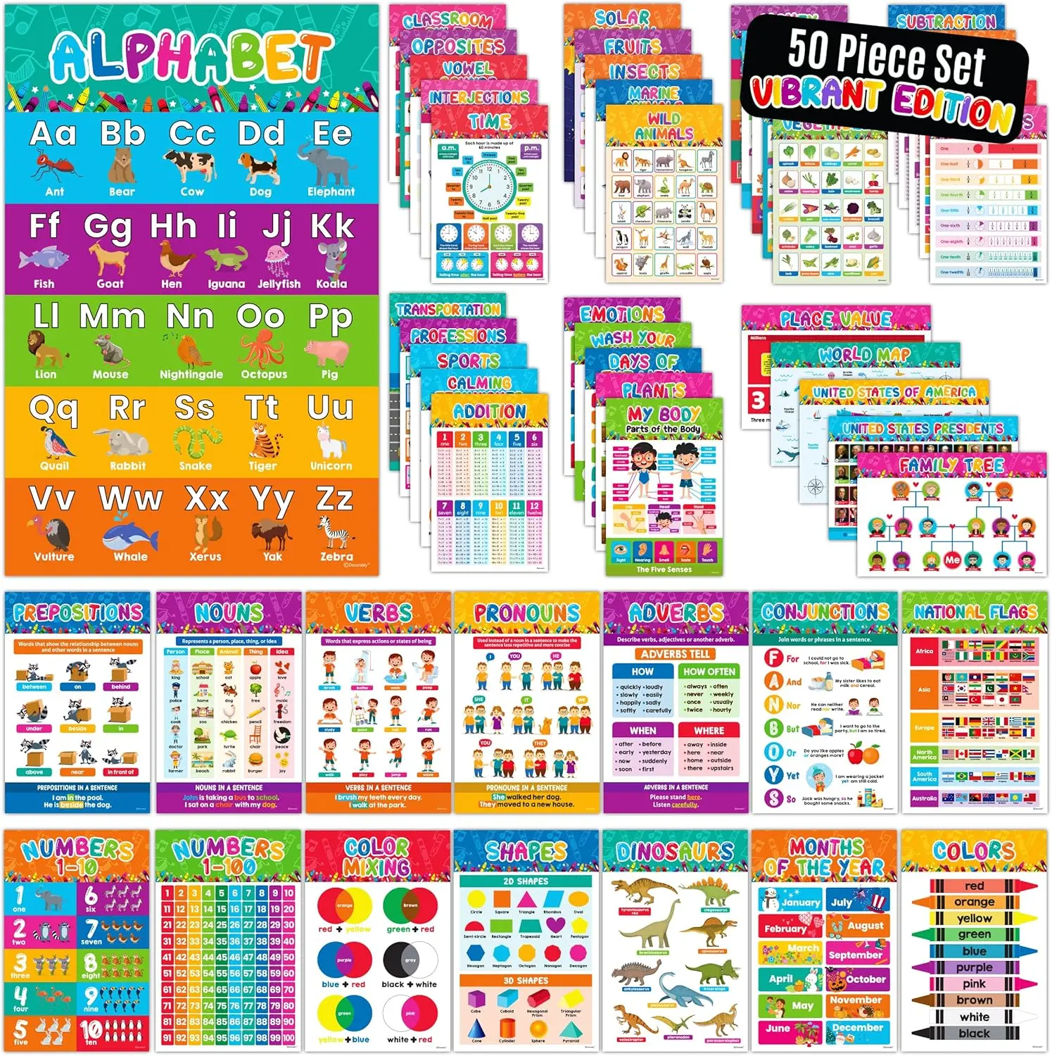 Decorably 50 Pack Vibrant Kindergarten Preschool Learning Posters for Toddlers 1-3, 11x17in Educational, Matte-Laminated Classroom Decor for School Hallways, Bulletin Boards, Home Study Room
