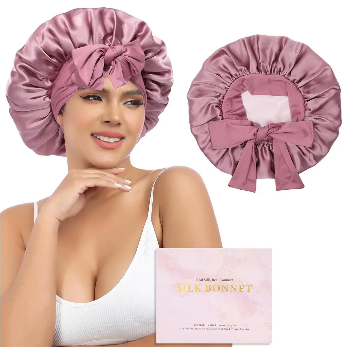 AWAYTR Silk Bonnet for Sleeping Women 100% Mulberry Silk Bonnets Double Layered Night Cap with Tie Band Reversible Hair Bonnet Sleeping Hair Wrap Pink Haircare Cap Heatless,clothes for back to school,first day of school outfits
