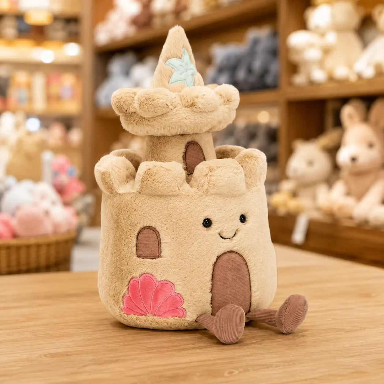Kawaii Sand Castle Plush, Soft Coastal Stuffed Toy with Starfish and Shell Details, Summer Room Decor
