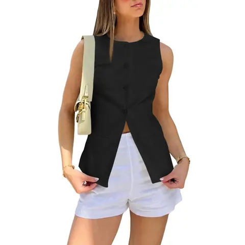 Cicy Bell Women’s Round Neck Waistcoat Vest Summer Button Up Vest Tops Casual Business Fitted Sleeveless Blazer Womenswear Clothes Solid