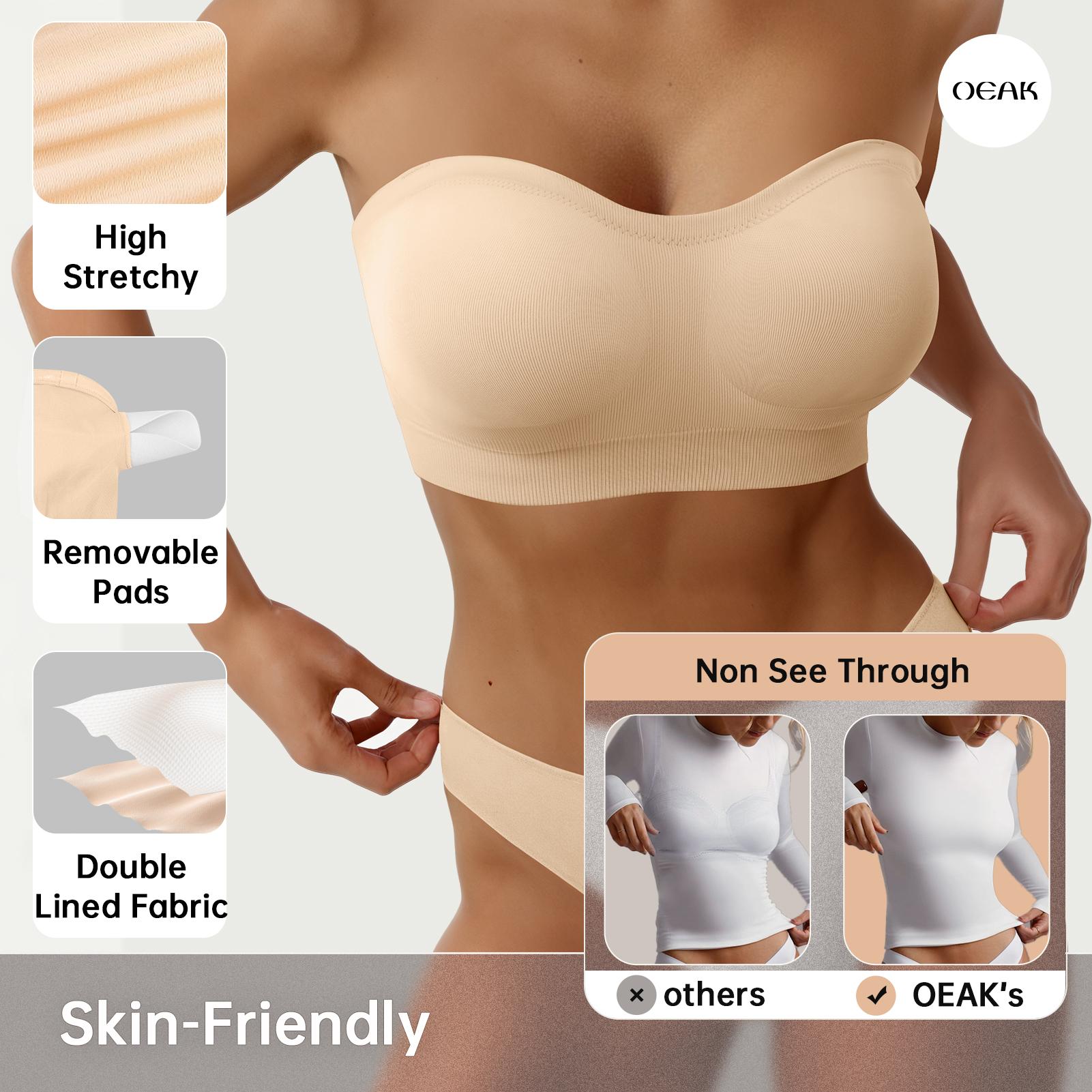 OEAK Seamless Strapless Bra for Women Non-Slip Silicone Padded Bandeau Bra Wireless Bralette Everydaybra