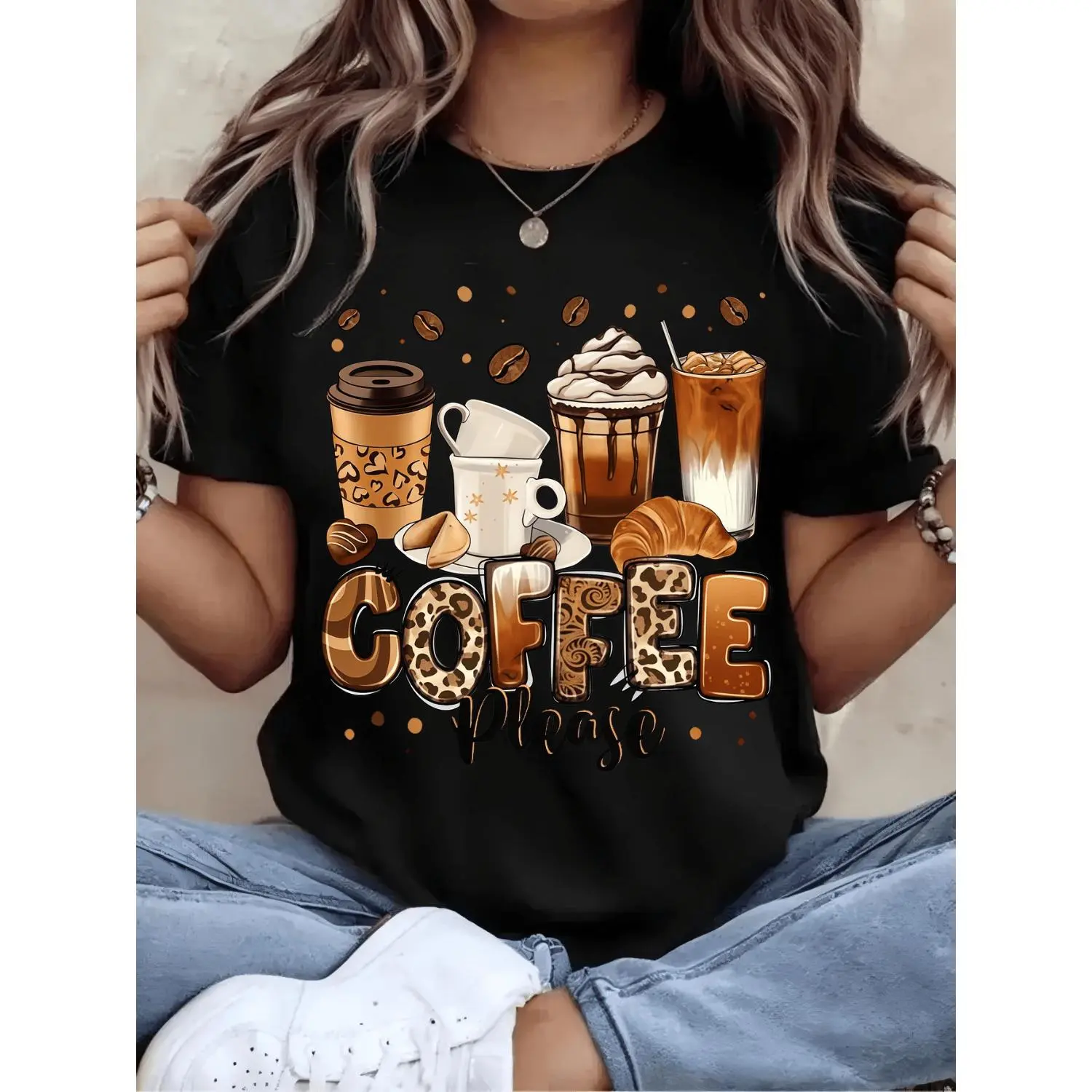 Oversized Plus Size Coffee Lover Graphic TShirt for Women Casual Short Sleeve Round Neck Top Featuring Coffee Cup Beans and Bold Coffee Print Designed for Comfortable Wear in All Seasons