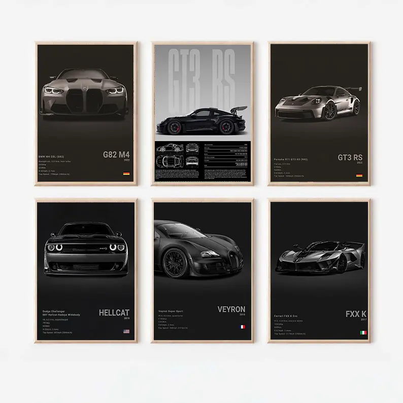 Modern Car Posters for Men Masculine Automotive Wall Art Featuring Veyron Solid Wood Frame Waterproof Design Artistic Elegance for Bedroom Office Decor