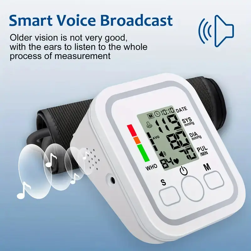 Digital Upper Arm Blood Pressure Monitor Kit, Automatic Adult Health Device with 60-Second Quick Reading, Adjustable Cuff, Backlit LCD Display, Voice Broadcast (Multi-Language), 2x99 Memory, Portable for Home & Travel, DC 6V (4 AAA Batteries Not Included)