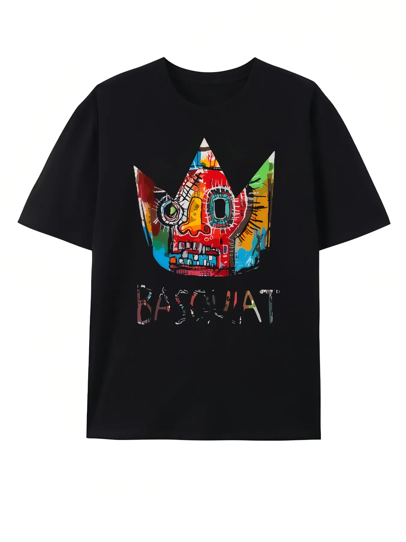 Summer American Streetwear Menswear Basquiat Graffiti Crown Graphic Print Short Sleeve T-Shirt, Casual Loose-Fit Long Tee for Art Lovers, Trendy Adult