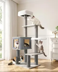 60in Maine Coon Cat Tree for Large Cats, Heavy Duty Cat Trees for Large Cats, Modern Cat Tree Tower with Plush Platforms, Gray Sisal Posts, Scratching Post for Indoor Cats