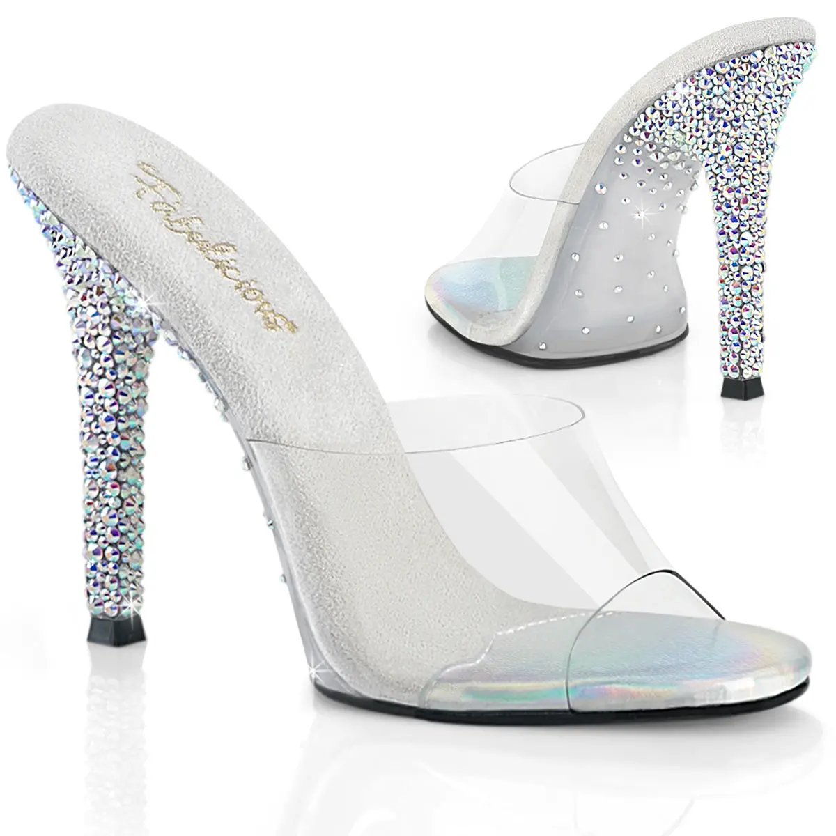 Women's Transparent Rhinestone Platform Heels, 4.5" Slip-On Sandals with Cascading Sparkle for Evening Parties & Galas, Footwear