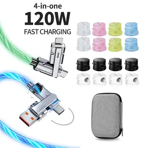 120W 4-in-1 LED Fast Charging Cable with Magnetic Cable Clips – Glowing Multi Charger Cord Type-C/USB/Lightning, Desk Organizer Cable Holder Set for Home Office Travel