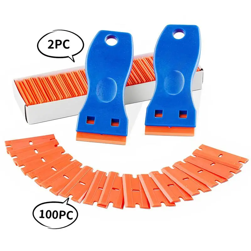 Plastic Razor Blade Scraper,2pcs Scraper Tool,100pcs Plastic Blades,for Cleaning Scraper Remover for Stickers,Decals,Adhesive,Labels,Paint from Glass,Car,Window,Caulk,No Scratches Lightweight Kit Kit Kit