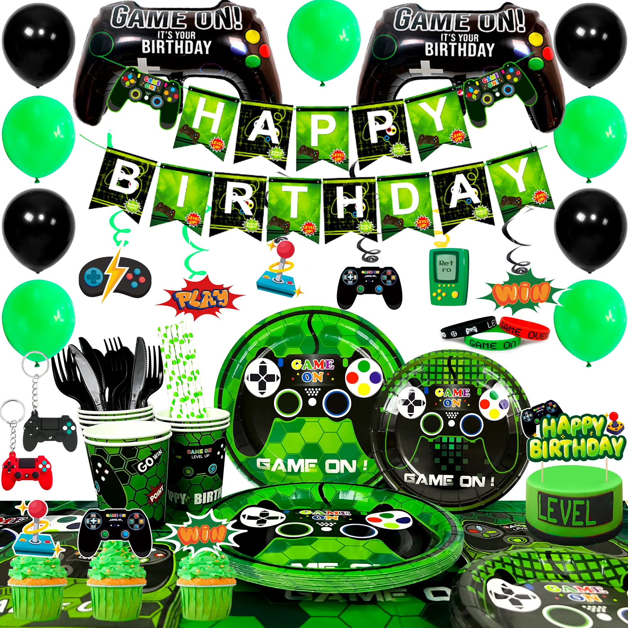Gaming Birthday Party Supplies ,194pcs Video Game Party Decorations Tableware Set - Gaming Decorations Plates Cups Tablecloth Balloons Banner Cake Topper etc Game On Birthday Party Supplies